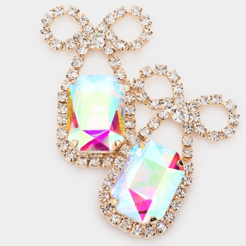 Rhinestone Bow Emerald Cut Stone Evening Earrings